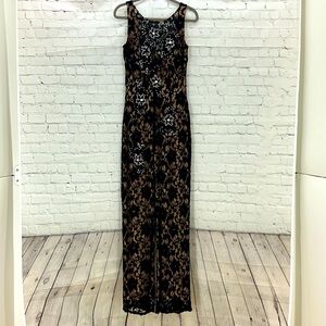 Jovani Black Lace Swarovski stoned Jumpsuit with nude underlay very soft stretch
